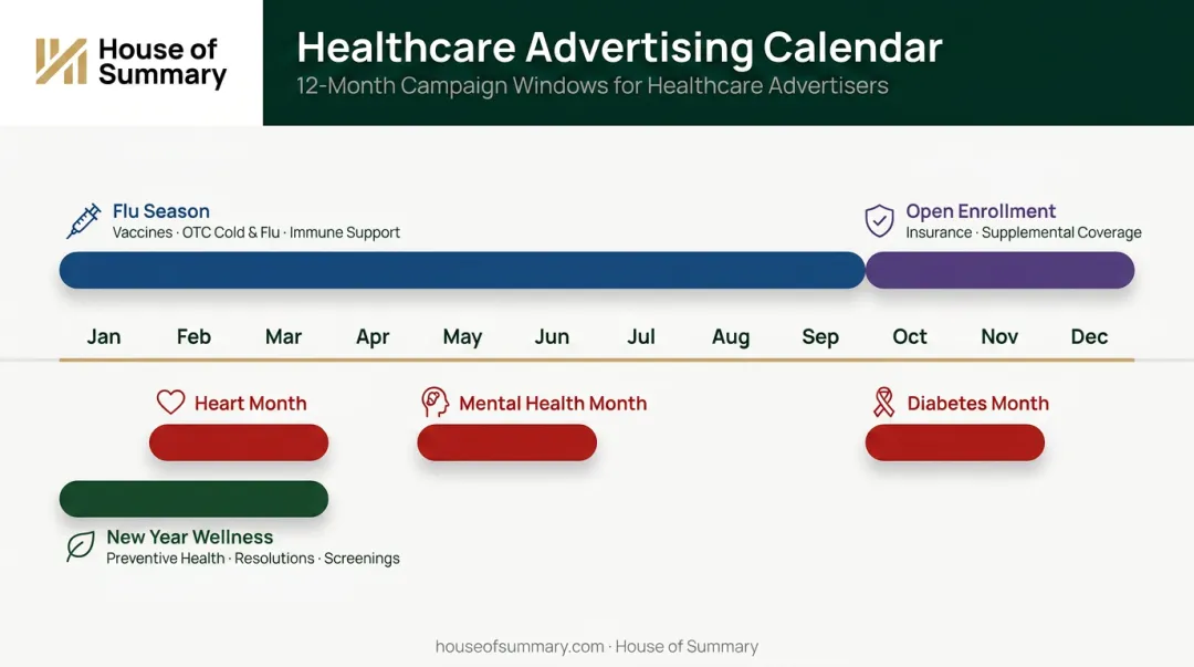 Annual healthcare advertising seasonal campaign planning calendar with key windows
