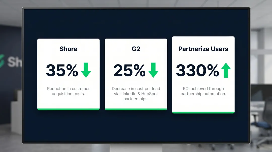 Brand partnership ROI statistics showing Shore G2 and Partnerize cost savings results