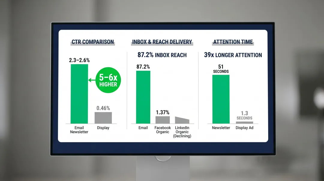 Email newsletter versus display ads and social media CTR and reach performance benchmarks