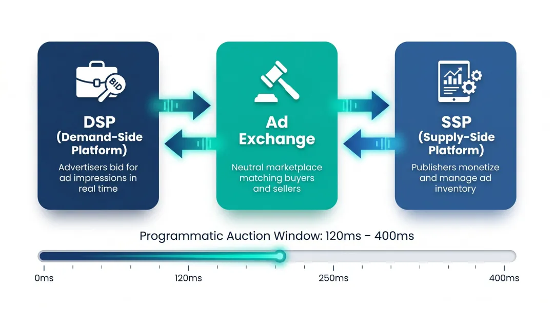 Programmatic advertising ecosystem showing DSP ad exchange and SSP interconnections