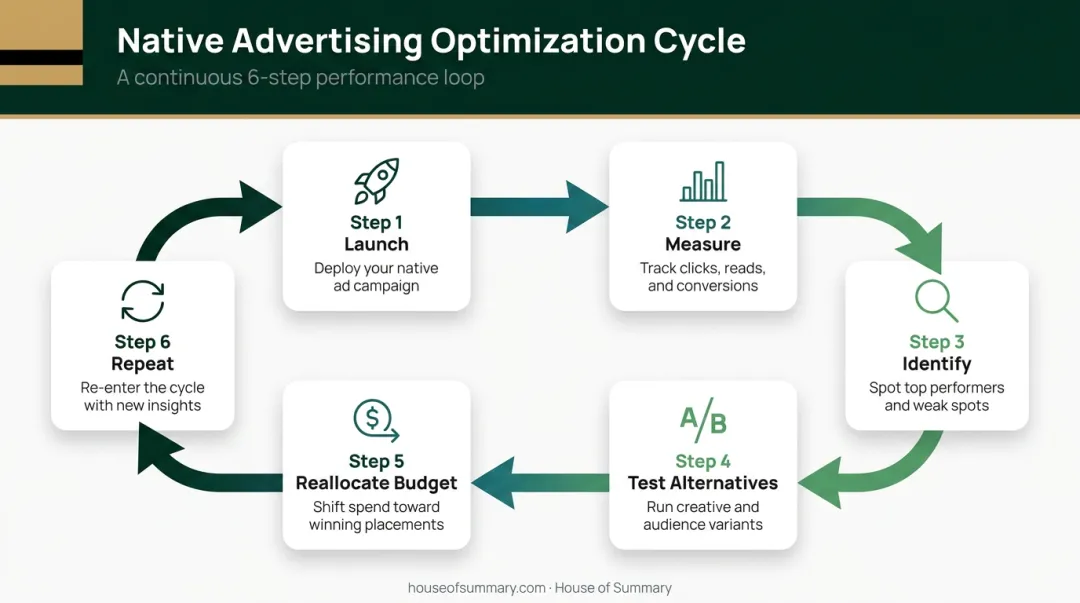 Six-step native advertising optimization cycle from launch to repeat infographic
