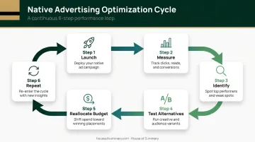 Six-step native advertising optimization cycle from launch to repeat infographic