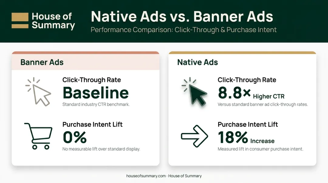 Native advertising versus banner ads CTR and purchase intent comparison infographic