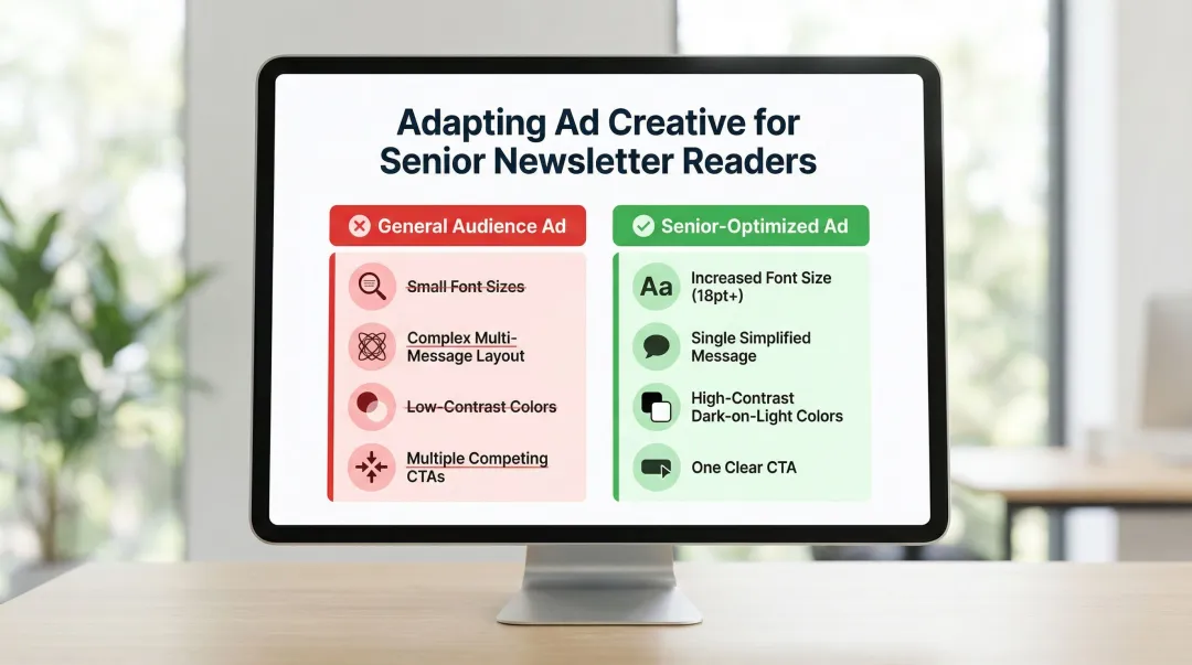 Senior ad creative adaptation checklist comparing younger audience ads to senior-optimized ads