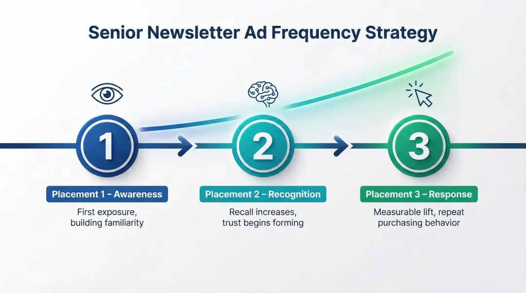 Senior newsletter advertising repetition timeline showing 3-placement exposure strategy