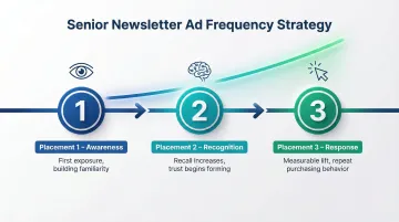 Senior newsletter advertising repetition timeline showing 3-placement exposure strategy