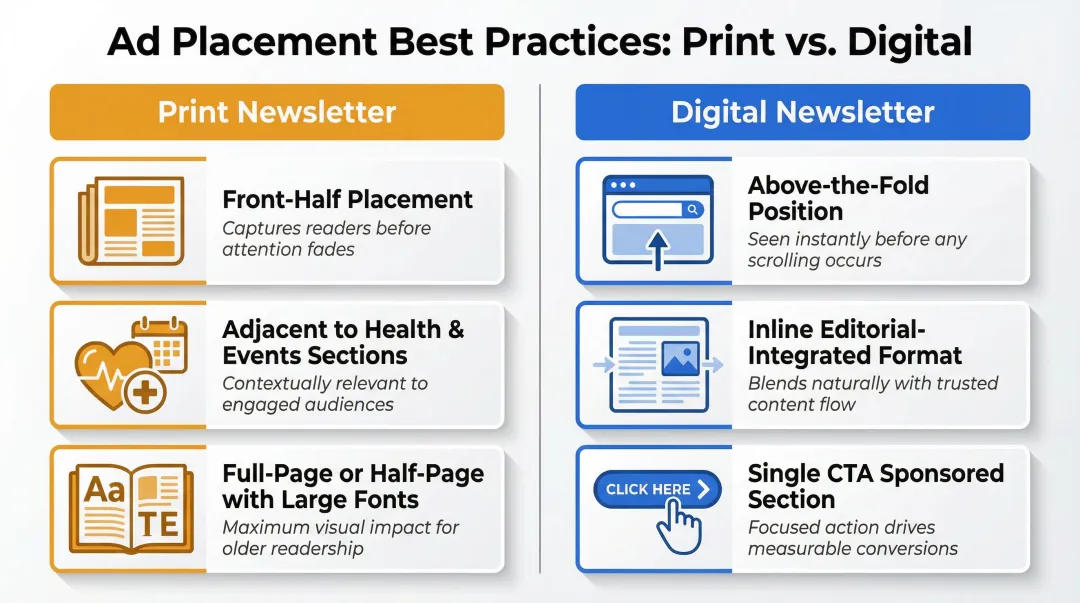 Senior newsletter ad placement position comparison print versus digital best practices