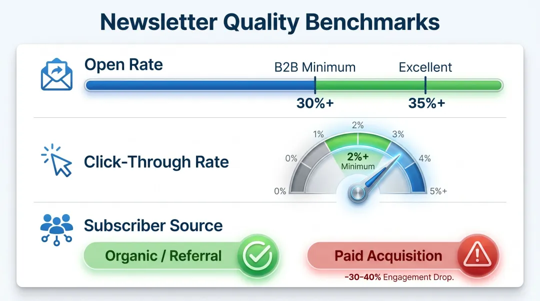 Newsletter quality benchmarks open rate click-through rate and subscriber source evaluation criteria