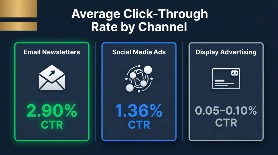 Email newsletter versus social media versus display advertising click-through rate comparison