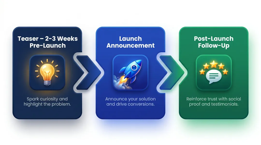 Three-phase newsletter product launch campaign sequence pre-launch to post-launch flow