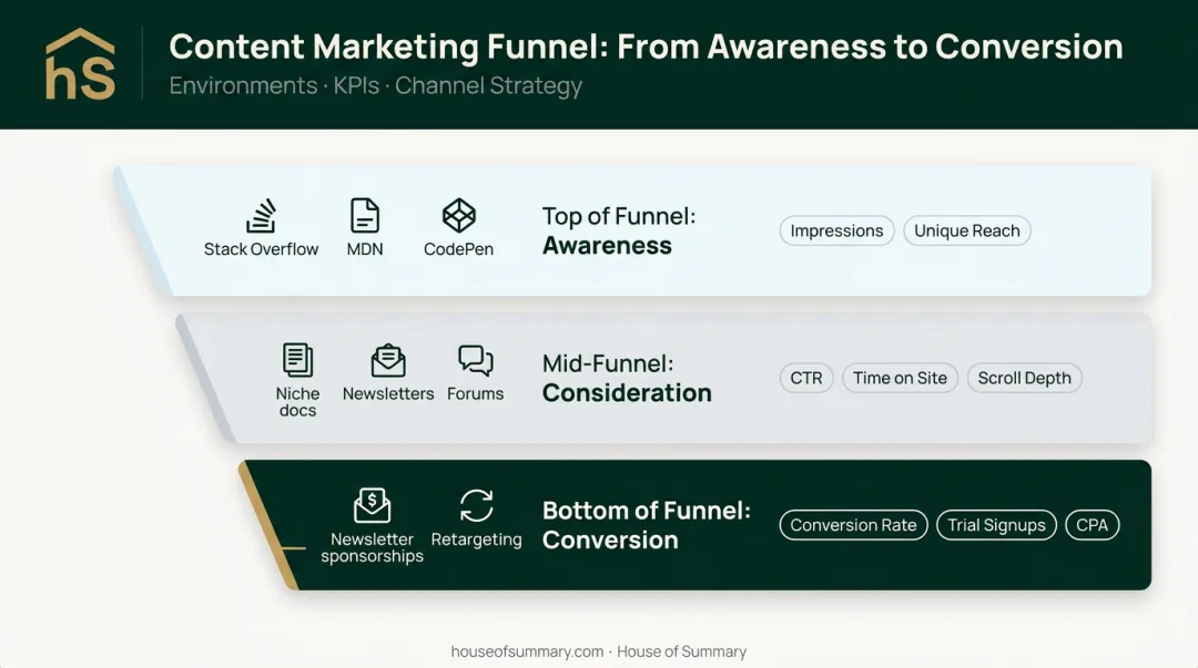 Developer native advertising funnel three stages environments and KPIs mapped