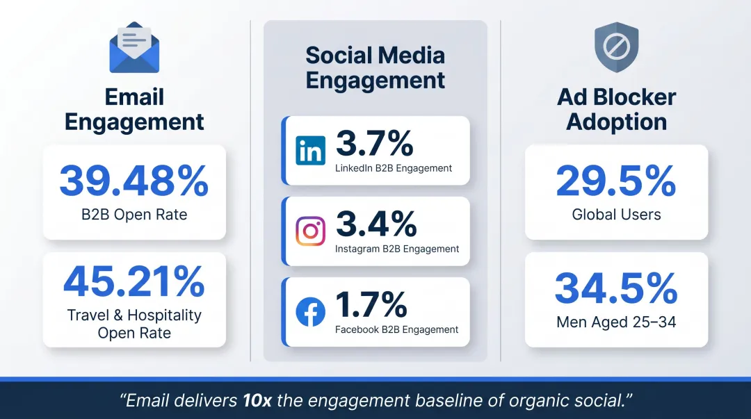 Email open rates versus social media engagement and ad blocker adoption comparison infographic
