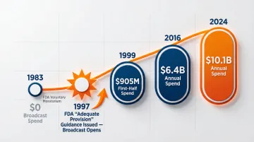 DTC pharmaceutical advertising spending growth from 1999 to 2024 timeline infographic