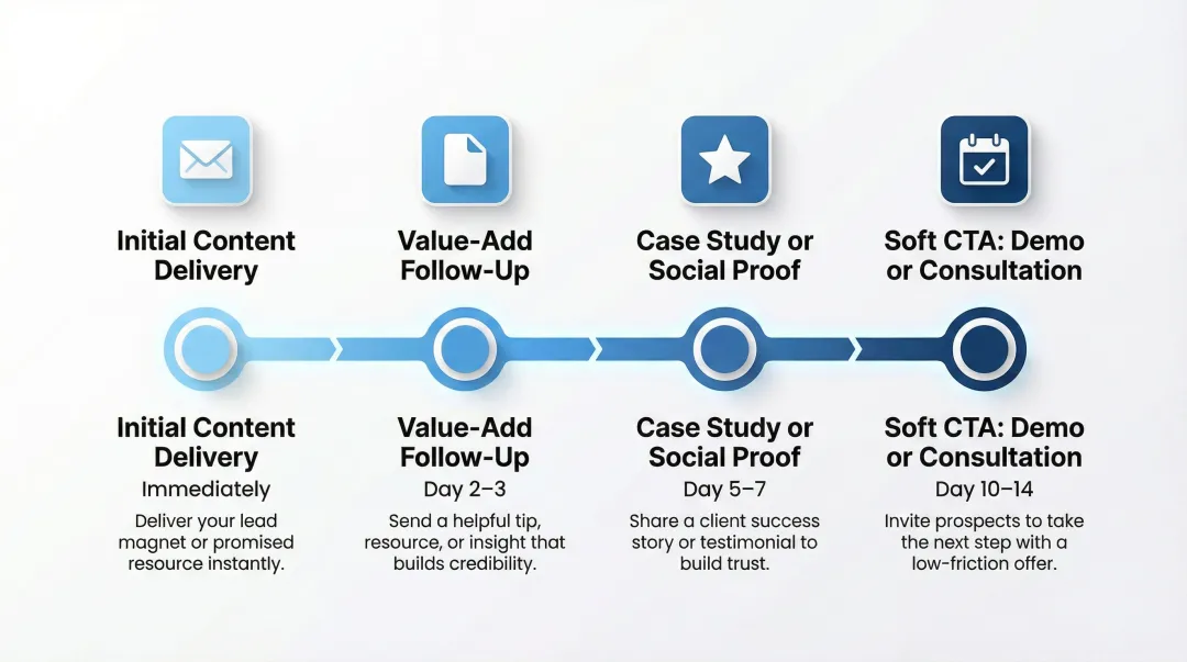 Four-step B2B lead nurture sequence timeline from form submission to demo request
