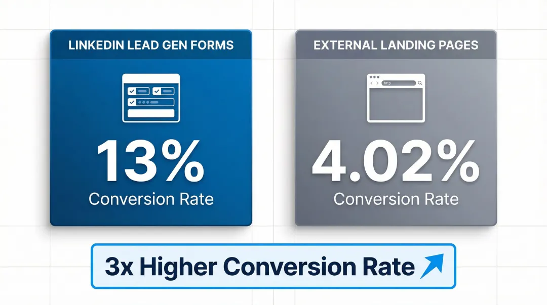 LinkedIn Lead Gen Forms versus external landing page conversion rate comparison chart