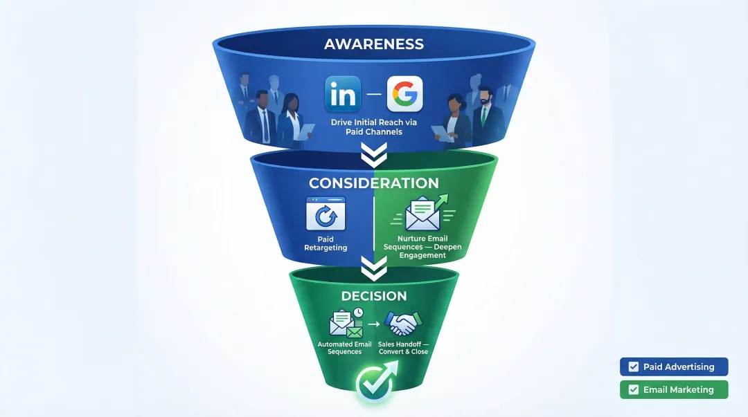 B2B buyer journey funnel showing paid advertising and email marketing roles