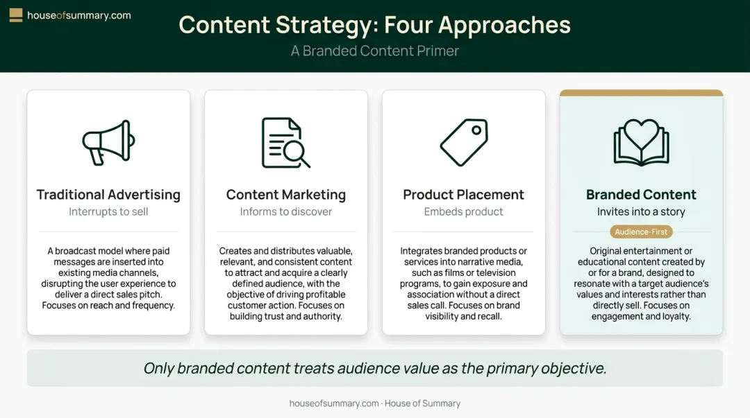 Branded content versus advertising content marketing product placement comparison chart