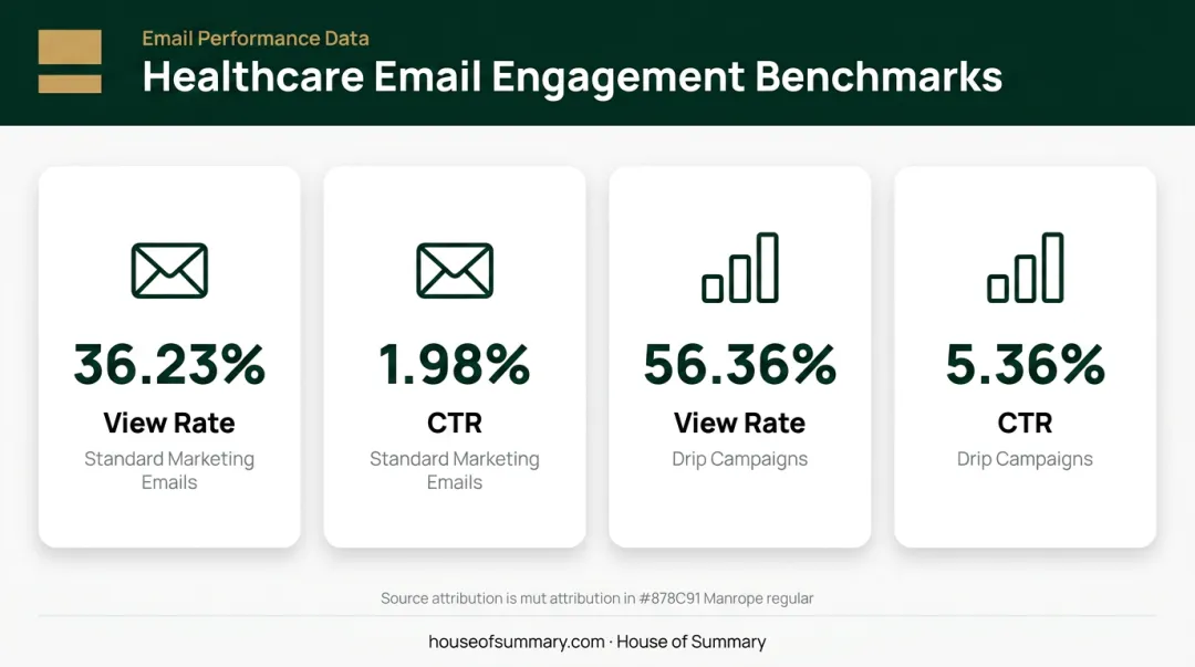 Healthcare email marketing engagement benchmarks open rate CTR and drip campaign statistics