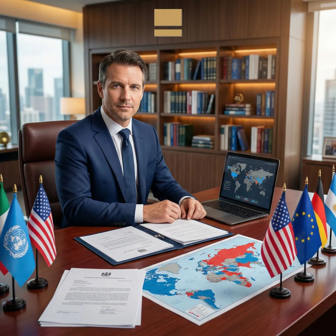 Analyst reviewing foreign policy documents with international flags and diplomatic papers