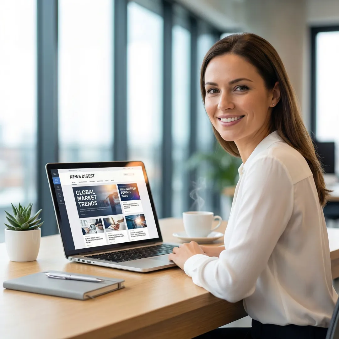 Professional reading a daily newsletter on laptop with morning coffee