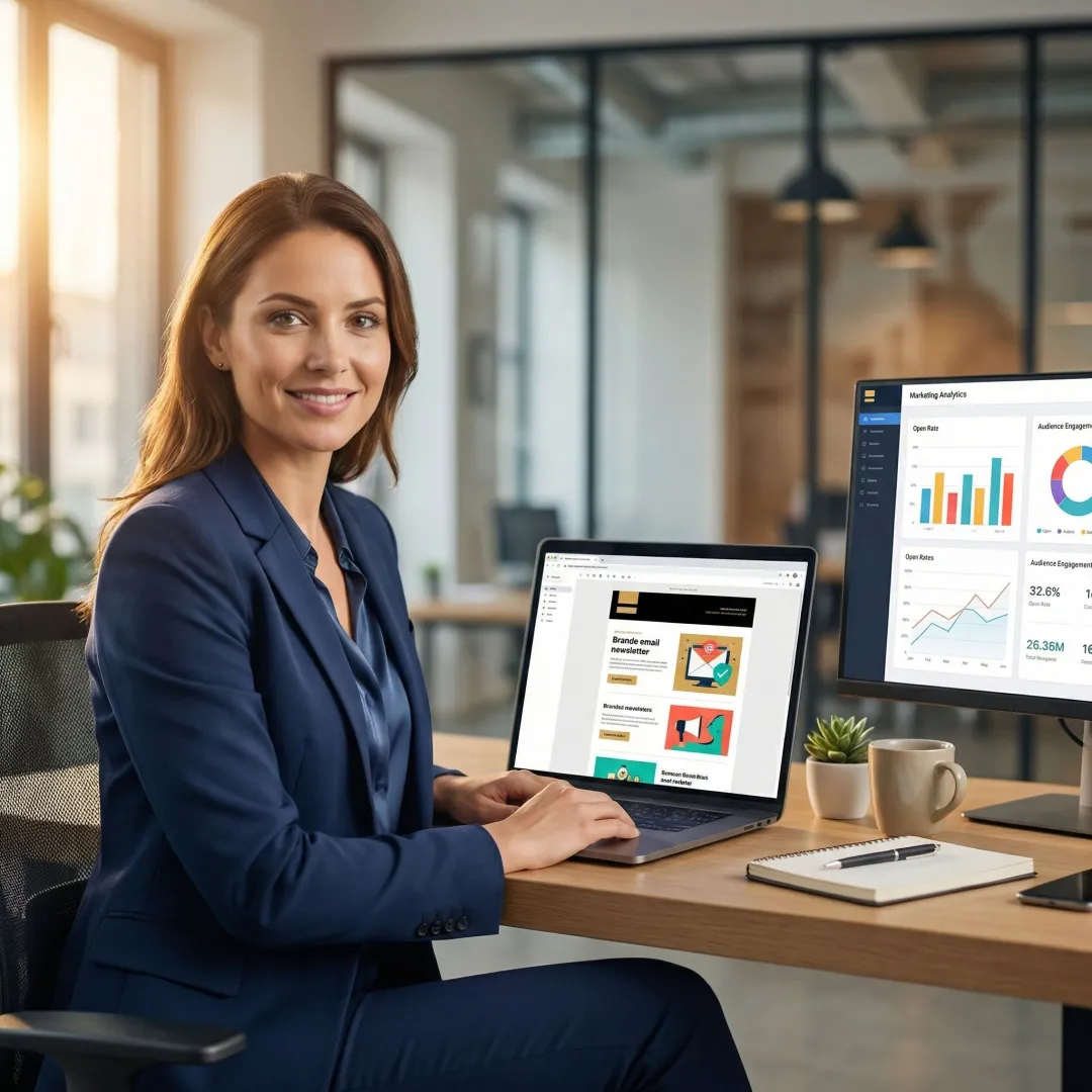 Professional reading a curated email newsletter on a laptop with marketing analytics on a secondary screen