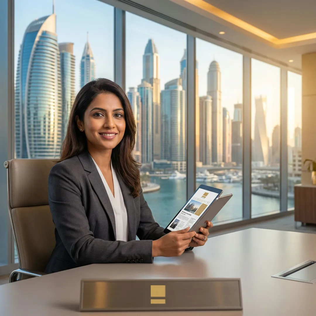 Professional reading the Dubai Summary newsletter on a tablet with Dubai cityscape in background