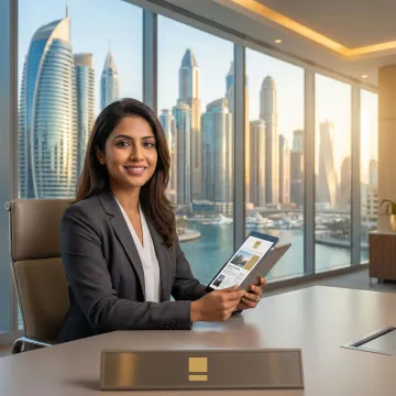 Professional reading the Dubai Summary newsletter on a tablet with Dubai cityscape in background