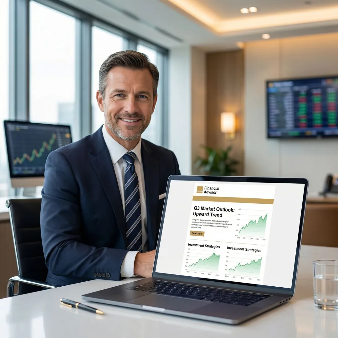 Financial analyst reading a curated newsletter summary with market data on screen