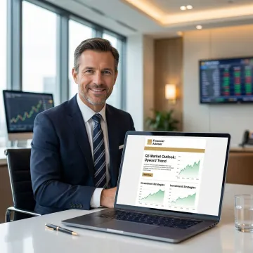 Financial analyst reading a curated newsletter summary with market data on screen