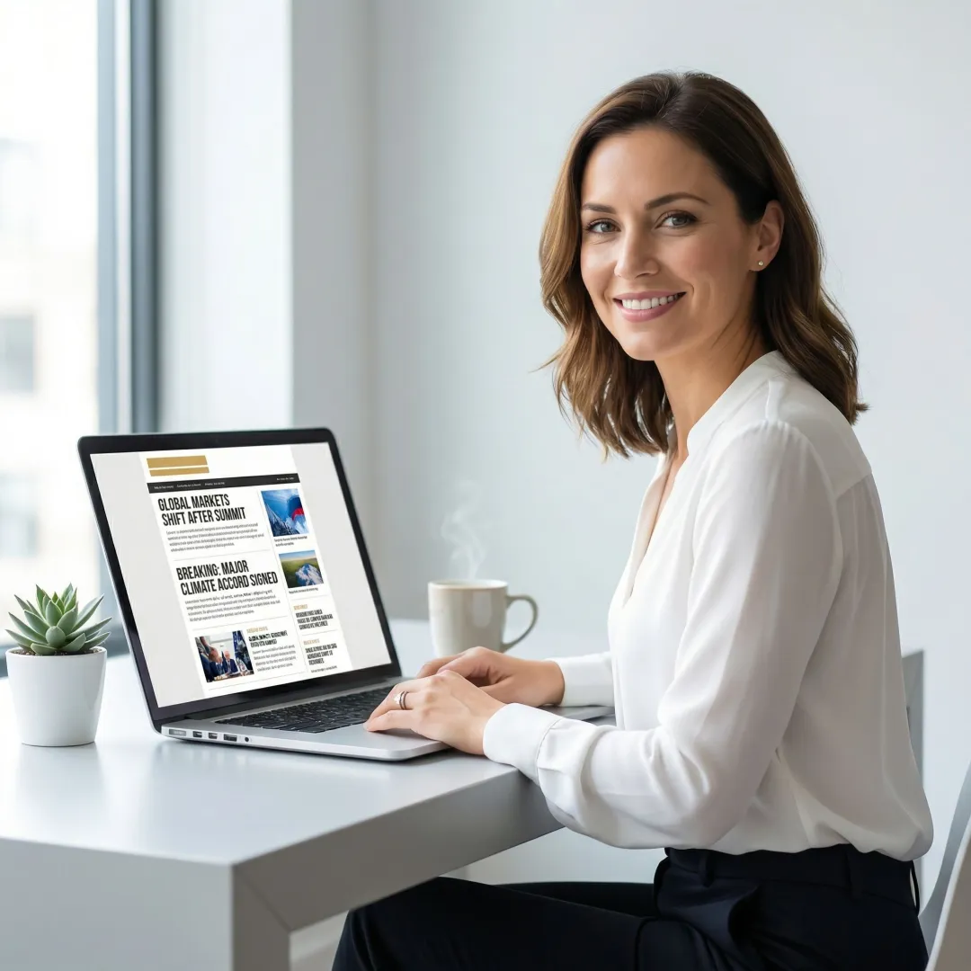 Professional reading geopolitical news newsletter on a laptop at a modern desk