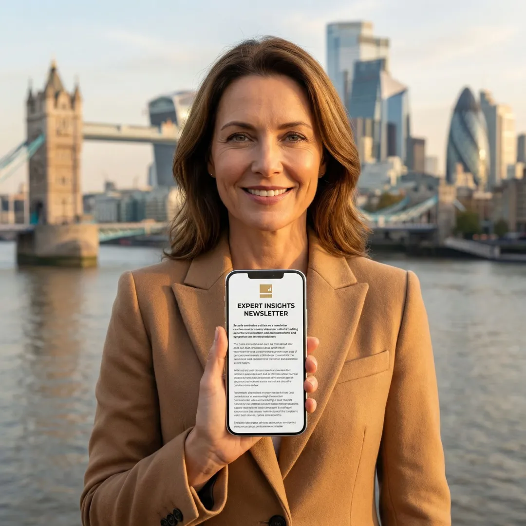 London cityscape with professional reading newsletter on mobile phone