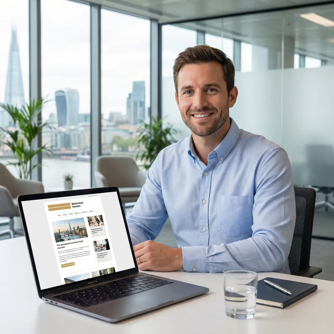 Person reading London business news newsletter on laptop in a modern London office
