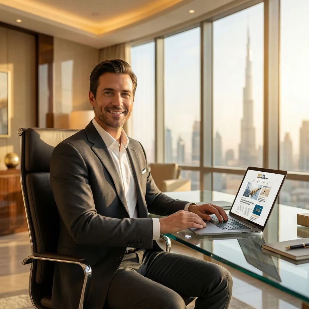 Professional reading Dubai Summary newsletter on a laptop in a modern Dubai office