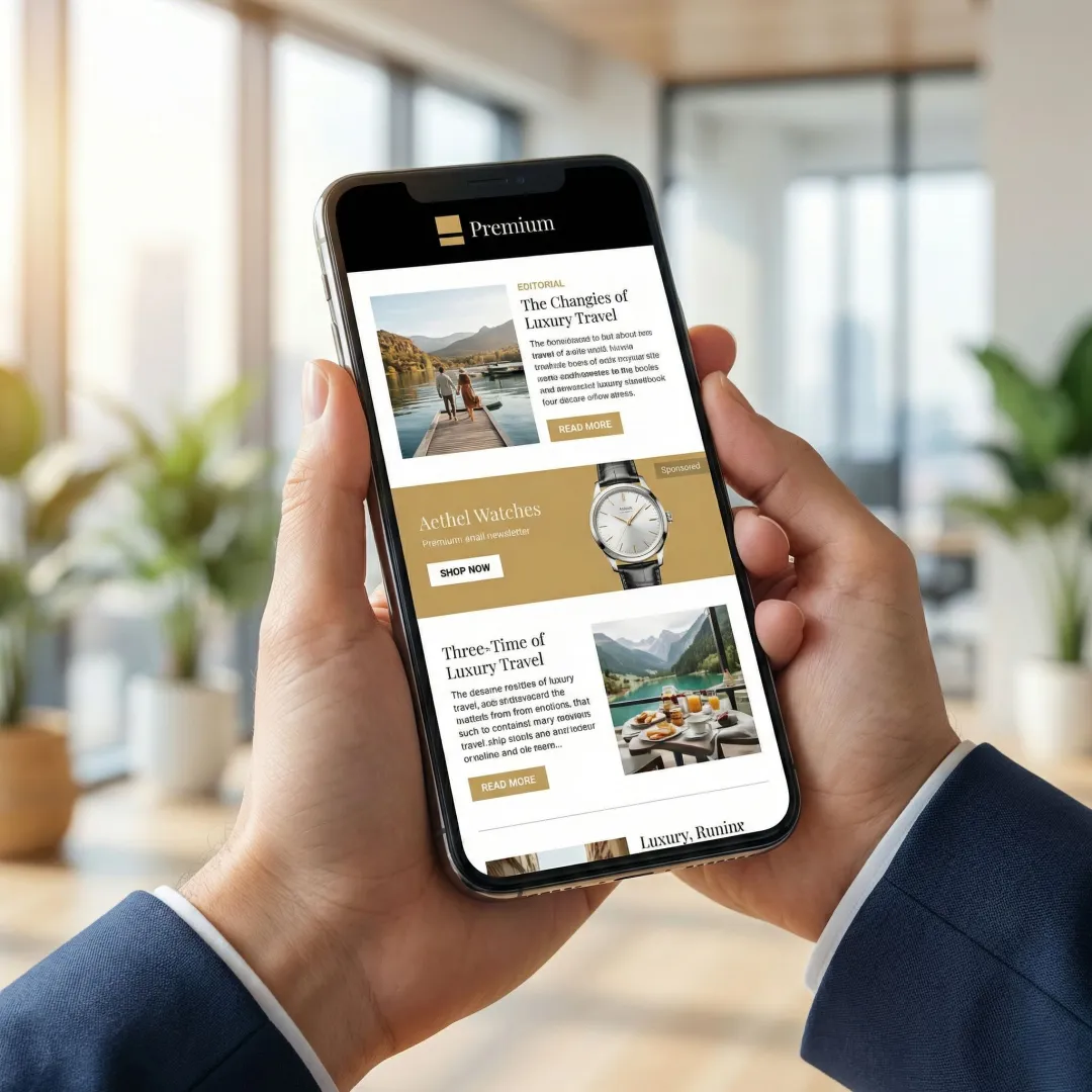Brand advertisement appearing naturally within a premium email newsletter on a smartphone screen