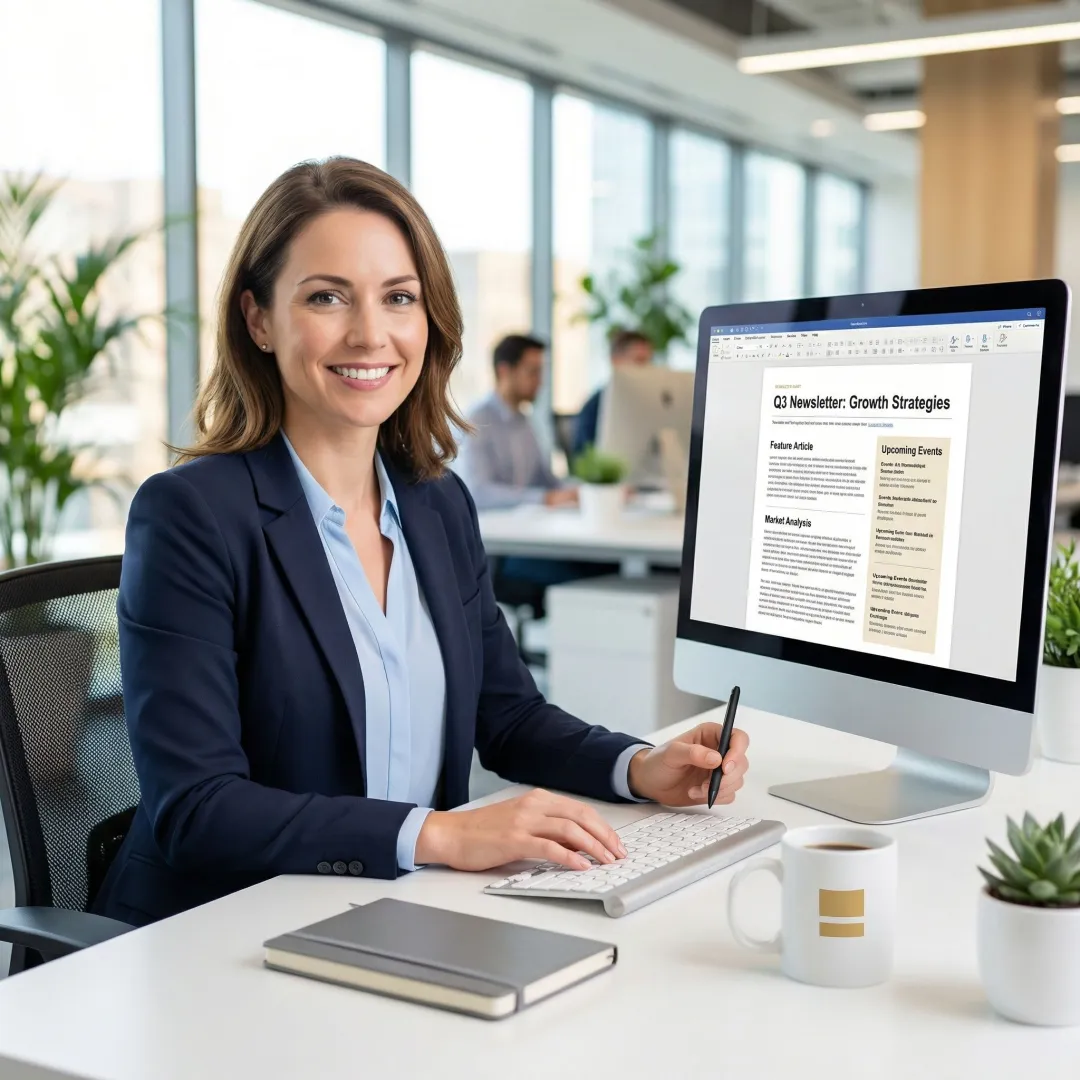 Newsletter editor reviewing articles on a desktop in a professional workspace