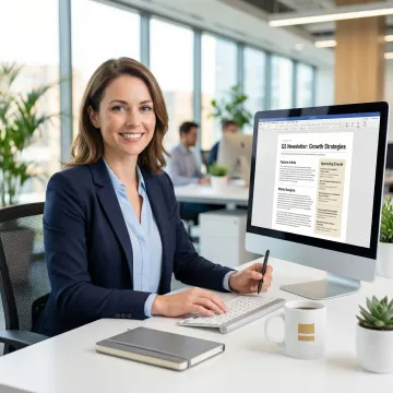 Newsletter editor reviewing articles on a desktop in a professional workspace