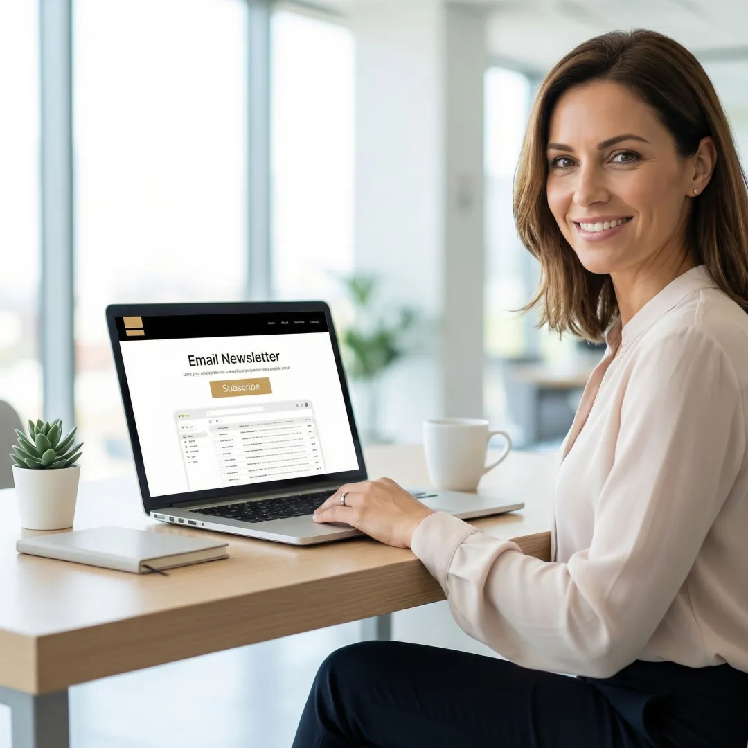 Person subscribing to a newsletter on a laptop with a clean inbox interface