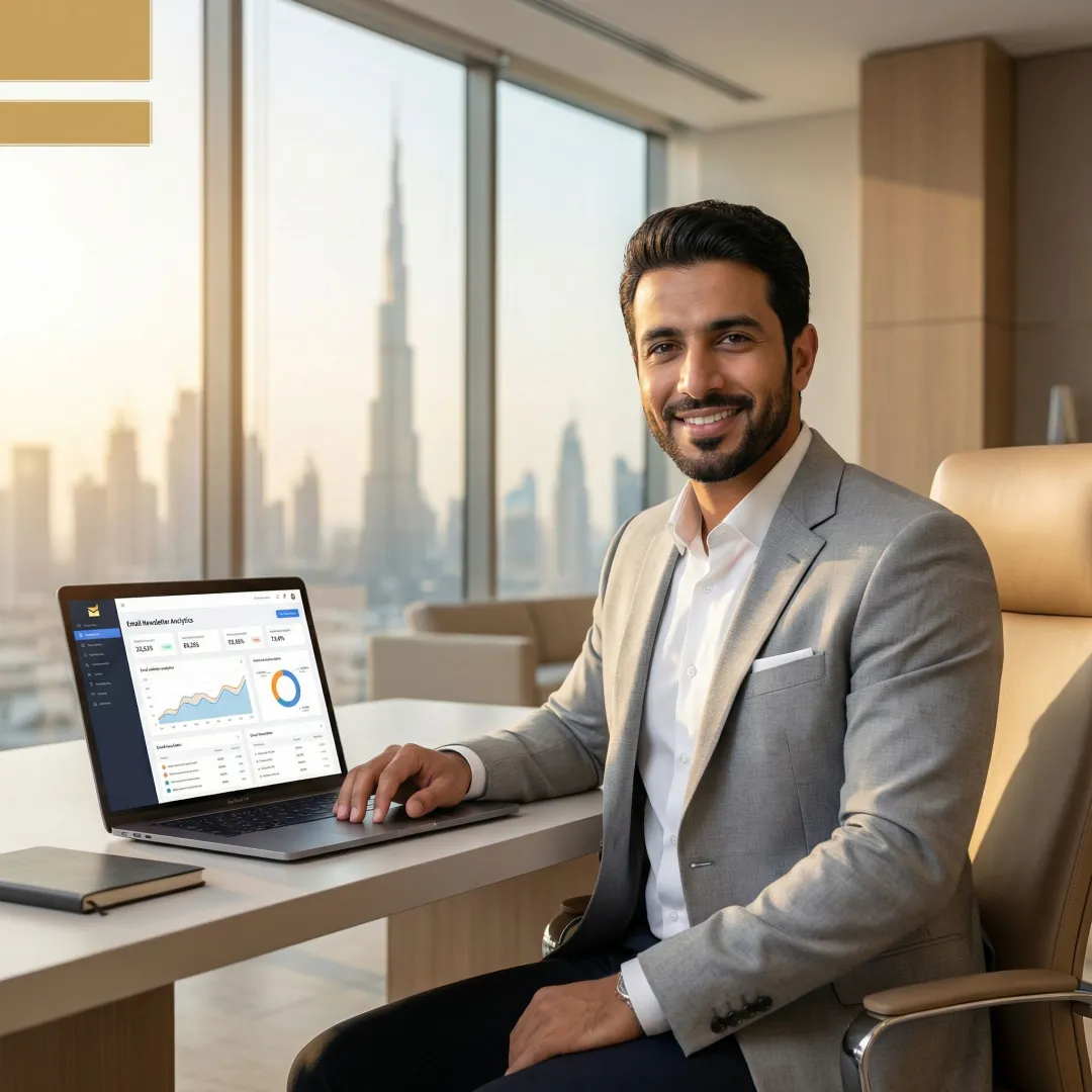 Small business owner in Dubai reviewing newsletter advertising campaign results on a laptop