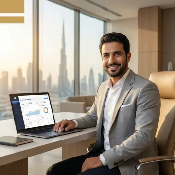 Small business owner in Dubai reviewing newsletter advertising campaign results on a laptop