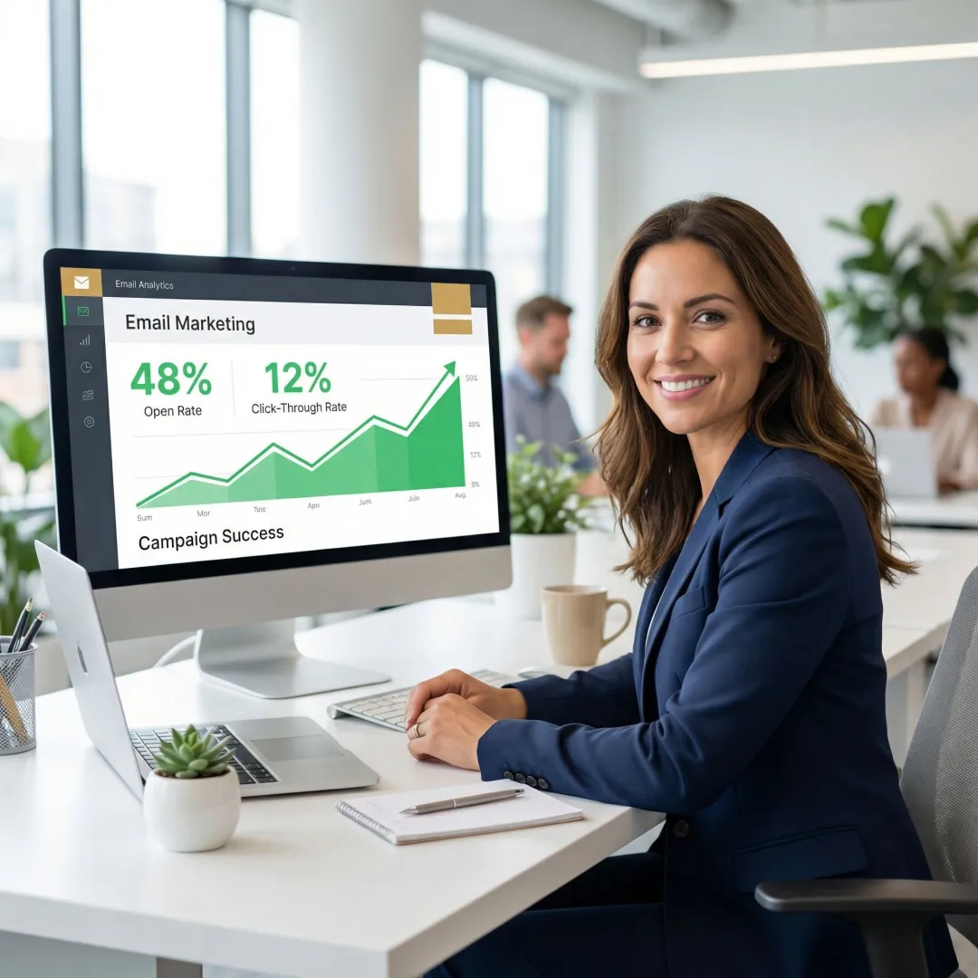 Brand marketer reviewing newsletter sponsorship performance dashboard with high engagement metrics