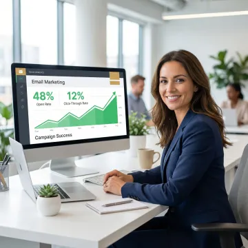 Brand marketer reviewing newsletter sponsorship performance dashboard with high engagement metrics