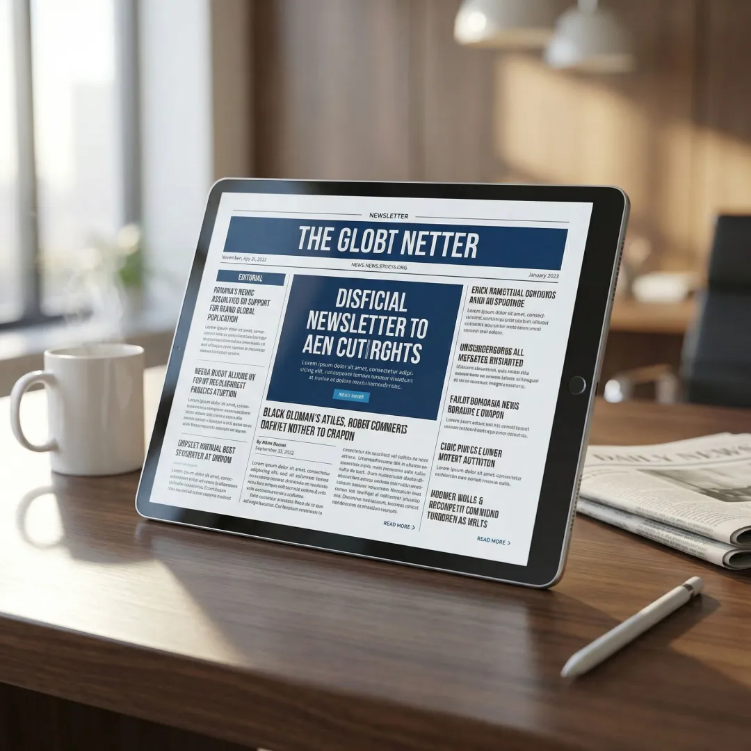 Curated digital newsletter displayed on a tablet with global news headlines and clean editorial layout