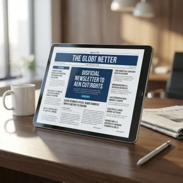 Curated digital newsletter displayed on a tablet with global news headlines and clean editorial layout
