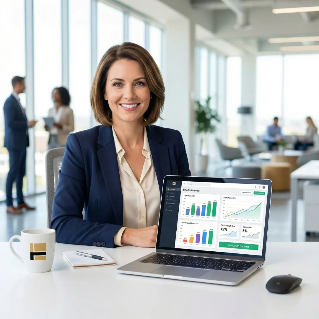 Email marketing professional reviewing newsletter campaign analytics on a laptop