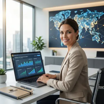 Brand partnership strategist reviewing newsletter advertising performance data with a global audience map in the background