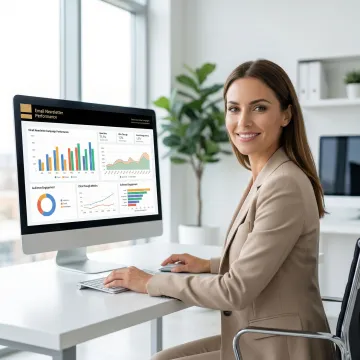 Brand marketer reviewing high-engagement email newsletter campaign results on a desktop screen