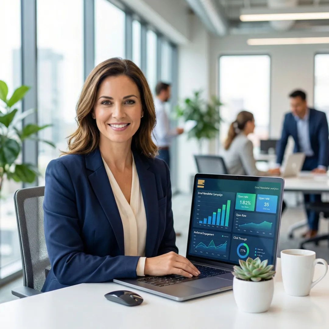 Brand strategist reviewing newsletter advertising performance metrics on a laptop