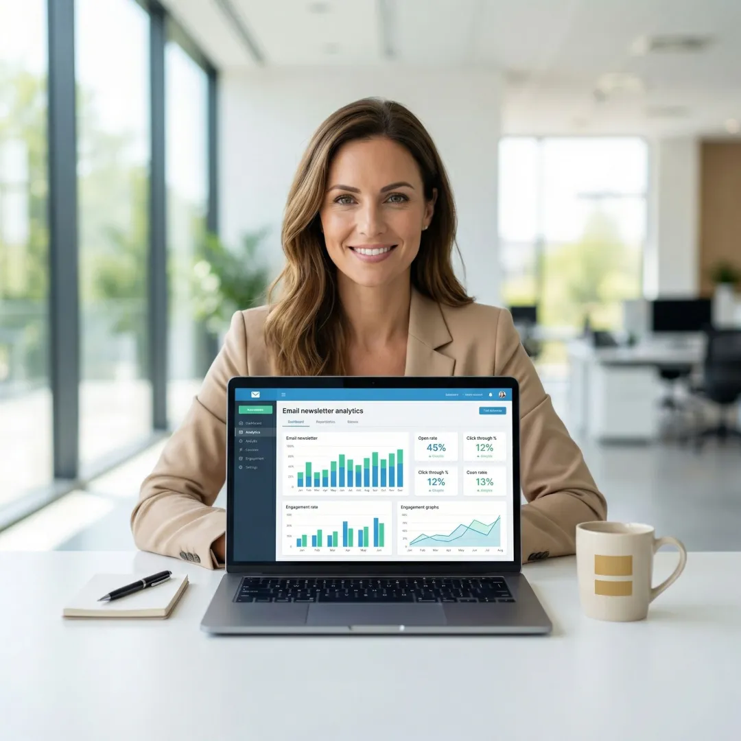 Brand marketer reviewing newsletter engagement metrics on a laptop in a modern office