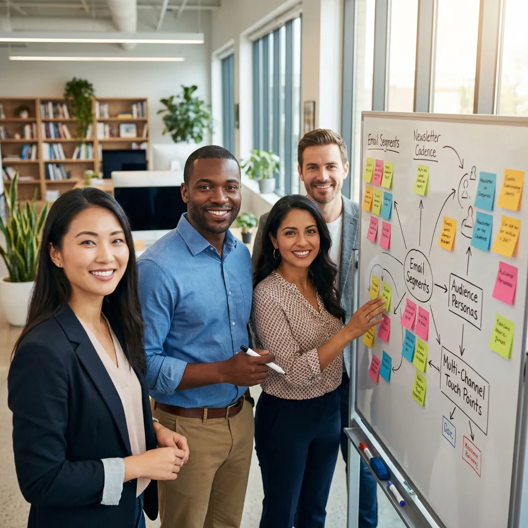 Marketing team planning a newsletter advertising campaign on a whiteboard