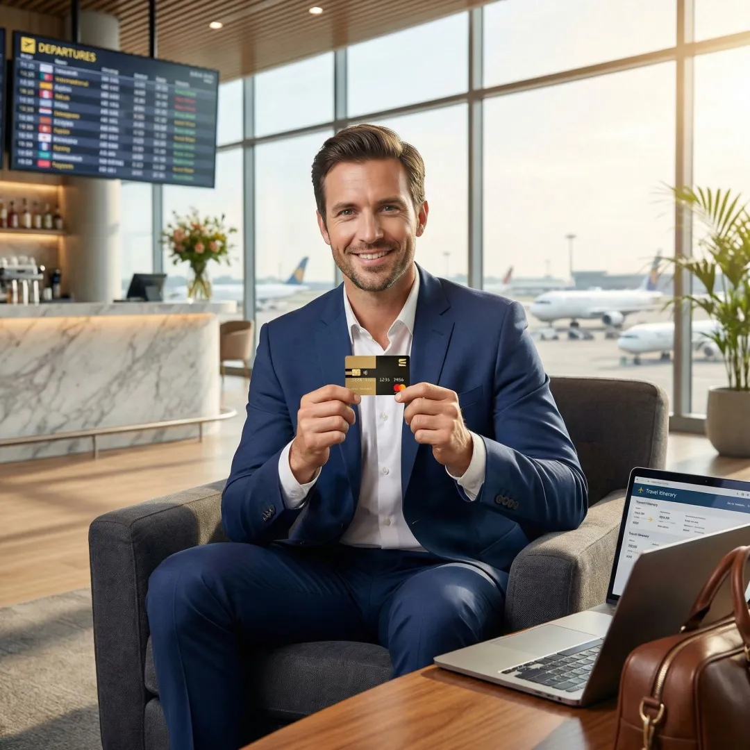 Professional traveler reviewing a co-branded airline credit card at an airport lounge